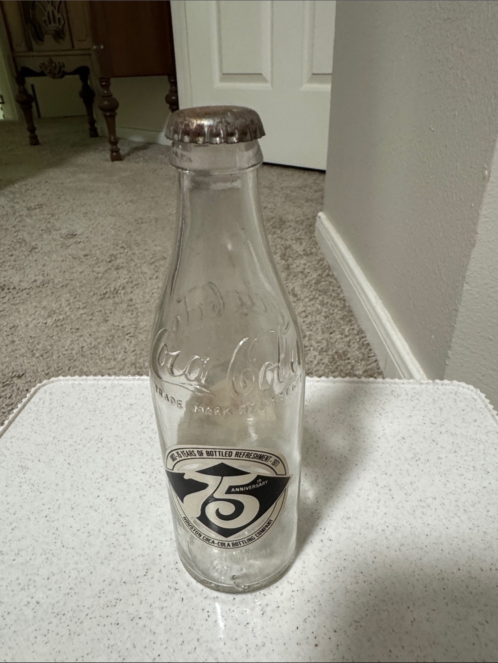 Vintage Coca-Cola Clear Glass Bottle with cap with Black 75th Anniversary Decal